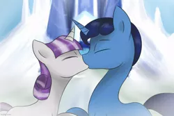 Size: 1000x667 | Tagged: safe, artist:irigulus, derpibooru import, night light, twilight velvet, pony, unicorn, cropped, female, image, jpeg, kissing, male, mare, nightvelvet, shipping, stallion, straight