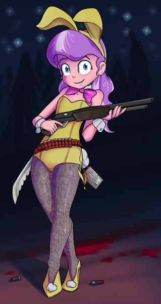 Size: 681x1280 | Tagged: semi-grimdark, artist:ohohokapi, ponybooru import, diamond tiara, human, blood, bunny suit, clothes, gun, humanized, image, looking at you, machete, png, shotgun, solo, weapon