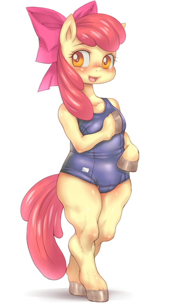 Size: 700x1247 | Tagged: dead source, questionable, artist:hoihoi, banned from derpibooru, derpibooru import, apple bloom, anthro, earth pony, semi-anthro, arm hooves, blushing, breasts, cameltoe, chestbreasts, clothes, female, image, jpeg, lolicon, misplaced boobs, one-piece swimsuit, pixiv, school swimsuit, solo, solo female, swimsuit, underage