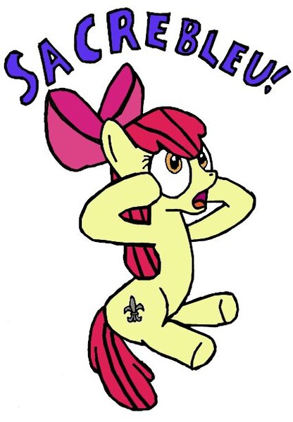 Size: 426x614 | Tagged: safe, artist:closer-to-the-sun, derpibooru import, apple bloom, earth pony, pony, the cutie pox, alternate cutie mark, female, filly, french, image, jpeg, open mouth, simple background, sitting, solo, white background