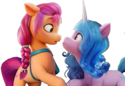 Size: 519x358 | Tagged: safe, derpibooru import, edit, edited screencap, editor:itsmgh1203, screencap, izzy moonbow, sunny starscout, earth pony, pony, unicorn, my little pony: a new generation, background removed, duo, eye contact, female, g5, image, looking at each other, mare, open mouth, png, simple background, surprised, transparent background, vector