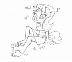 Size: 2237x1927 | Tagged: safe, artist:dertikleen, derpibooru import, starlight glimmer, anthro, plantigrade anthro, barefoot, feet, fetish, foot fetish, foot tapping, image, jpeg, monochrome, music notes, sitting, solo, tapping, traditional art
