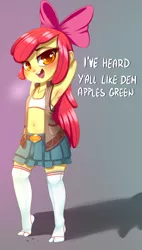 Size: 966x1696 | Tagged: suggestive, artist:dankflank, banned from derpibooru, ponybooru import, apple bloom, equestria girls, blushing, clothes, female, image, lolicon, png, skirt, socks, solo, text, underage