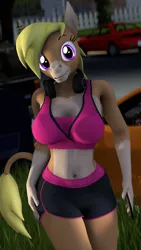 Size: 2160x3840 | Tagged: safe, artist:xxsfmartxx, derpibooru import, oc, oc:nikytaequeen, unofficial characters only, anthro, donkey, 3d, clothes, commissioner:nickyequeen, headphones, image, neighborhood, png, solo, source filmmaker, sports, sports bra, sunset