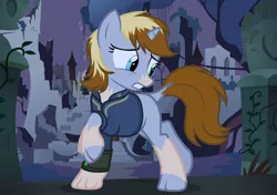 Size: 1294x912 | Tagged: safe, artist:anonymous, oc, oc:littlepip, unofficial characters only, pony, unicorn, fallout equestria, clothes, dock, female, fusing fingers, mare, pipbuck, solo, transformation, vault suit, worried