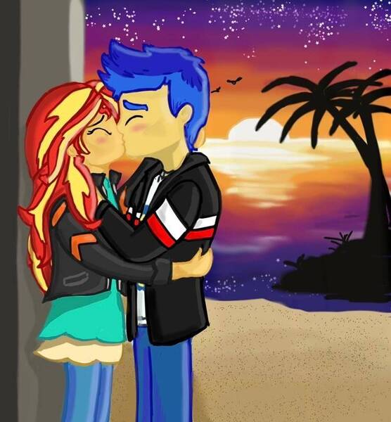 Size: 750x810 | Tagged: safe, artist:sarawalt15, derpibooru import, flash sentry, sunset shimmer, equestria girls, female, flashimmer, image, jpeg, kissing, male, shipping, straight