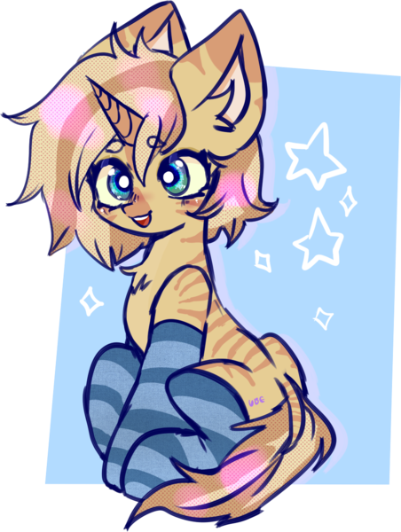 Size: 940x1249 | Tagged: safe, artist:ube, artist:ubebreb, derpibooru import, oc, oc:kitten kibble, unofficial characters only, hybrid, unicorn, zebra, zony, clothes, horn, image, png, simple background, socks, stockings, striped socks, stripes, thigh highs, transparent background