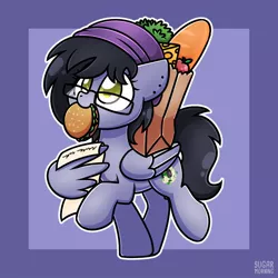Size: 1000x1000 | Tagged: safe, artist:sugar morning, derpibooru import, oc, oc:nightshade (pegasus), unofficial characters only, pegasus, pony, baguette, bread, burger, food, glasses, image, jpeg, mouth hold, paper bag, solo, wing hold