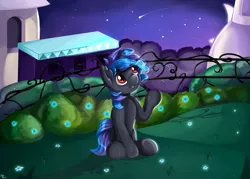 Size: 1280x915 | Tagged: safe, artist:appleneedle, derpibooru import, oc, oc:shadow dust, butterfly, insect, pony, unicorn, art, canterlot, character, commission, digital, draw, drawing, fanart, flower, garden, glow, image, jpeg, magic, moon, nature, night, paint, painting, sky, stars