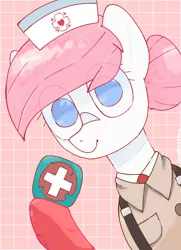 Size: 800x1105 | Tagged: safe, artist:omelettepony, derpibooru import, nurse redheart, earth pony, pony, bust, clothes, crossover, female, gloves, hat, image, jpeg, looking at you, mare, medic, medkit, necktie, nurse hat, reference, simple background, smiling, smiling at you, solo, team fortress 2