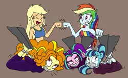 Size: 2292x1408 | Tagged: safe, artist:bugssonicx, derpibooru import, adagio dazzle, applejack, aria blaze, rainbow dash, sonata dusk, equestria girls, arm behind back, bondage, bound and gagged, clothes, eyes closed, fist bump, flippers, gag, geode of super speed, geode of super strength, grin, hogtied, image, magical geodes, open mouth, open smile, png, revenge, smiling, sweat, sweatdrop, swimsuit, tape, tape gag, the dazzlings, tied up, wetsuit