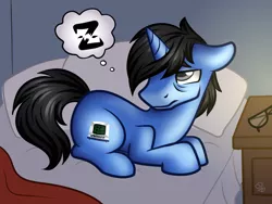 Size: 1280x960 | Tagged: safe, artist:sabrib, derpibooru import, oc, oc:tinker doo, bed, exhausted, glasses, image, male, png, solo, tired