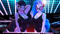 Size: 1920x1080 | Tagged: suggestive, artist:anthroponiessfm, derpibooru import, octavia melody, vinyl scratch, anthro, earth pony, unicorn, 3d, arm behind head, big breasts, breasts, busty octavia melody, busty vinyl scratch, cleavage, club, duo, duo female, female, glasses, image, latex, looking at you, png, sexy, source filmmaker