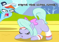 Size: 1400x1008 | Tagged: suggestive, artist:nsfw_gm, derpibooru import, flitter, rainbow dash, pegasus, pony, hurricane fluttershy, angry, bedroom eyes, bowtie, bush, butt, clothes, cloud, cutie mark, dock, face down ass up, female, flitterbutt, glutes, hat, headband, image, jacko challenge, jpeg, kissy face, leg warmers, lidded eyes, looking at you, mare, meme, mountain, open mouth, put your ass in the air, raised tail, scene interpretation, sports, stretching, sweat, tail, training, yelling