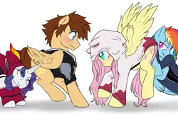 Size: 3000x1925 | Tagged: safe, artist:not-ordinary-pony, derpibooru import, fluttershy, rainbow dash, rarity, ponified, pegasus, pony, unicorn, fanfic:kingdom hearts of harmony, blushing, clothes, commission, crossover, crossover shipping, female, image, kingdom hearts, kingdom hearts of harmony, male, mare, one eye closed, png, pushing, shipper on deck, shipping, simple background, sora, stallion