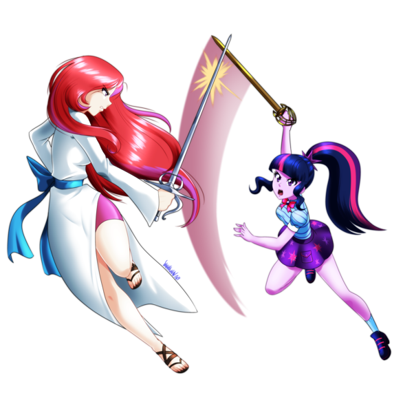 Size: 5000x4980 | Tagged: safe, artist:danmakuman, derpibooru import, moondancer, sci-twi, twilight sparkle, fanfic:spectacular seven, equestria girls, clothes, combat, dress, image, png, sword, sword fight, weapon