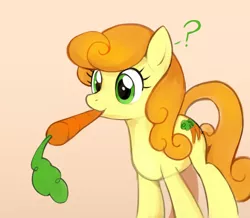 Size: 1216x1061 | Tagged: safe, artist:marbo, carrot top, golden harvest, earth pony, pony, /mlp/, background pony, carrot, drawthread, female, food, green eyes, image, looking at you, mare, orange, png, simple background, solo