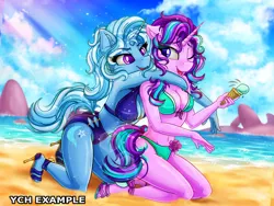 Size: 1280x962 | Tagged: safe, artist:stainedglasslighthea, derpibooru import, starlight glimmer, trixie, anthro, unicorn, beach, bikini, breasts, busty starlight glimmer, busty trixie, clothes, commission, cutie mark, duo, feet, female, females only, food, ice cream, ice cream cone, image, jpeg, lesbian, shipping, startrix, swimsuit, tail, your character here