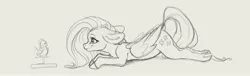 Size: 3456x1056 | Tagged: safe, artist:miokomata, derpibooru import, fluttershy, bird, pegasus, pony, ass up, female, floppy ears, freckles, freckleshy, grayscale, image, jpeg, looking at something, lying down, mare, monochrome, prone, simple background, sketch, solo, white background