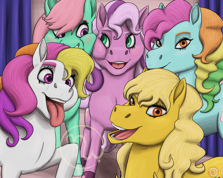 Size: 2500x2000 | Tagged: safe, artist:azurllinate, derpibooru import, butterscotch (g3), minty, rainbow dash (g3), sunny daze (g3), wysteria, earth pony, pony, best friends, blushing, cheek squish, curtains, eyelashes, female, g3, green eyes, happy, hooves, image, long mane, looking at each other, mare, multicolored mane, open mouth, orange eyes, photo booth, pink mane, png, purple eyes, smiling, squishy cheeks, thick eyebrows, tongue out, wavy mane, yellow mane