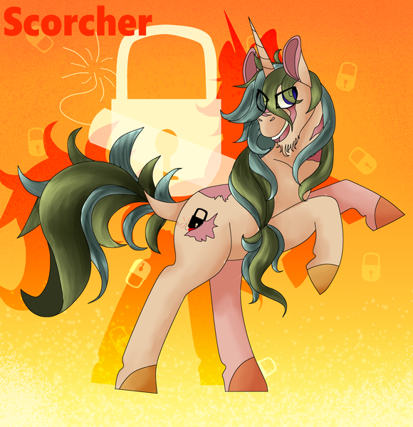 Size: 1935x2001 | Tagged: safe, derpibooru import, oc, oc:scorcher, pony, unicorn, canterlot ghoul, cutie mark, dynamite, explosives, foe, image, lock, male, png, rearing, scar, solo, stallion