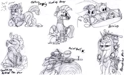 Size: 1200x729 | Tagged: safe, artist:sepiakeys, derpibooru import, cozy glow, pinkie pie, princess cadance, pig, pony, zebra, brush, image, monochrome, mouth hold, paintball gun, png, sketch, sword, weapon