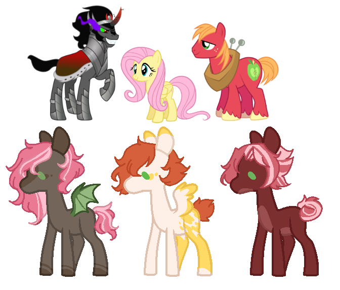 Size: 672x573 | Tagged: safe, artist:inkprism, derpibooru import, big macintosh, fluttershy, king sombra, oc, earth pony, pegasus, pony, unicorn, base used, bat wings, bisexual, female, fluttermac, gay, image, magical gay spawn, male, offspring, parent:big macintosh, parent:fluttershy, parent:king sombra, parents:fluttermac, parents:sombrashy, parents:sombratosh, png, polyamory, shipping, simple background, sombrashy, sombratosh, straight, transparent background, wings