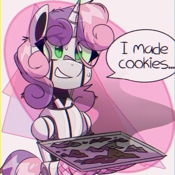 Size: 1000x1000 | Tagged: safe, artist:provolonepone, derpibooru import, sweetie belle, pony, robot, robot pony, unicorn, chromatic aberration, cookie, cooking, dialogue, food, image, messy mane, png, solo, speech bubble, sweetie belle can't cook, sweetie bot, sweetie fail