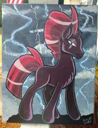 Size: 1478x1920 | Tagged: safe, artist:annuthecatgirl, derpibooru import, tempest shadow, pony, unicorn, image, jpeg, lightning, painting, solo, storming, traditional art