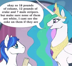 Size: 700x648 | Tagged: safe, artist:sekiryn, derpibooru import, princess celestia, shining armor, alicorn, pony, unicorn, clipboard, dialogue, duo, female, image, implied drug use, jewelry, looking at each other, male, mare, master chief and luna hanging out, meme, misspelling, open mouth, peytral, png, redraw, smiling, speech bubble, stallion, tiara