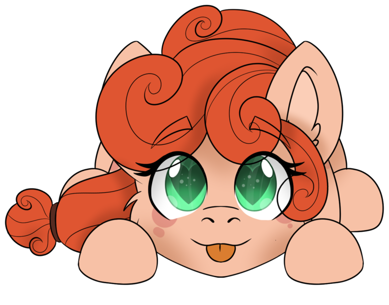 Size: 1342x1050 | Tagged: safe, artist:rokosmith26, derpibooru import, oc, oc:pumpkin patch, unofficial characters only, earth pony, pony, :p, cheek fluff, chibi, commission, cute, ear fluff, earth pony oc, eye clipping through hair, eyebrows, eyebrows visible through hair, female, hairband, image, looking at you, lying down, mare, png, simple background, solo, tongue out, transparent background, wingding eyes, ych result