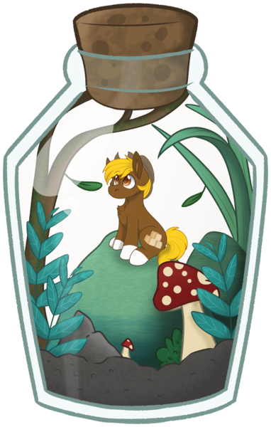 Size: 2084x3272 | Tagged: safe, artist:rokosmith26, derpibooru import, oc, oc:acres, unofficial characters only, earth pony, pony, bottle, cheek fluff, chest fluff, commission, cork, cowboy hat, cute, earth pony oc, grass, hat, image, leaves, looking up, male, markings, micro, mushroom, ocbetes, plant, plants, png, pony in a bottle, simple background, sitting, smiling, stallion, transparent background, trapped, ych result