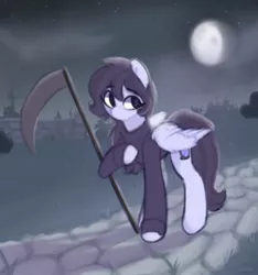 Size: 1524x1626 | Tagged: safe, artist:flixanoa, derpibooru import, oc, oc:grim, unofficial characters only, pegasus, pony, clothes, hoodie, image, jpeg, moon, night, scythe, solo