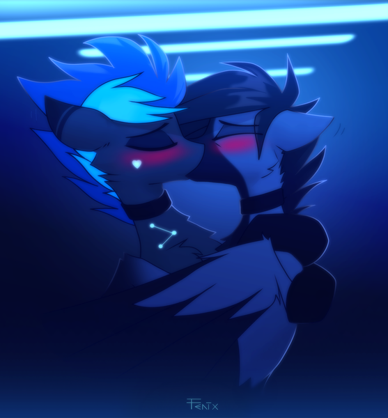 Size: 3816x4114 | Tagged: safe, artist:fenixdust, derpibooru import, oc, oc:fenix, oc:vibrant star, unofficial characters only, earth pony, pegasus, pony, blushing, clothes, collar, gay, image, kissing, male, png, socks