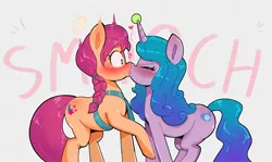 Size: 1953x1166 | Tagged: safe, artist:another_pony, derpibooru import, izzy moonbow, sunny starscout, earth pony, pony, unicorn, ball, blushing, duo, eyes closed, female, g5, gray background, horn, horn impalement, hornball, image, izzy's tennis ball, izzyscout, jpeg, kissing, lesbian, mare, shipping, simple background, smooching, tennis ball, text