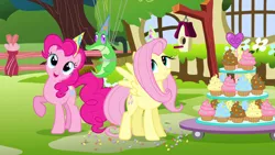 Size: 1280x720 | Tagged: safe, derpibooru import, official, screencap, fluttershy, gummy, pinkie pie, alligator, earth pony, pegasus, pony, happy birthday to you!, bird house, confetti, cupcake, female, food, g4, hat, image, jpeg, male, mare, netflix, party hat, tree, trio