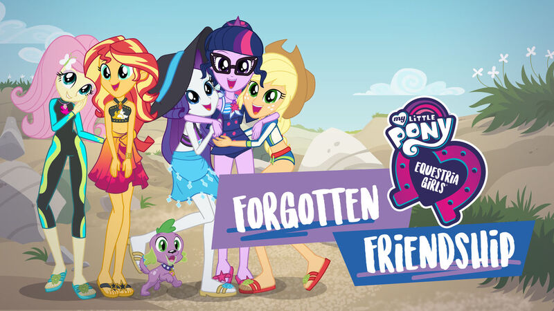 Size: 1280x720 | Tagged: safe, derpibooru import, official, applejack, fluttershy, rarity, sci-twi, spike, spike the regular dog, sunset shimmer, twilight sparkle, dog, equestria girls, equestria girls series, forgotten friendship, applejack's hat, beach, clothes, cloud, cowboy hat, equestria girls logo, feet, female, flip-flops, geode of empathy, geode of fauna, geode of telekinesis, glasses, hat, image, jpeg, legs, low res image, magical geodes, my little pony logo, netflix, official art, one-piece swimsuit, sandals, skirt, swimsuit, wetsuit