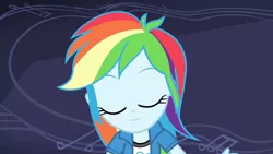 Size: 3410x1920 | Tagged: safe, derpibooru import, screencap, rainbow dash, equestria girls, guitar centered, rainbow rocks, clothes, cutie mark, cutie mark on clothes, eyes closed, female, high res, image, jpeg, smiling, solo