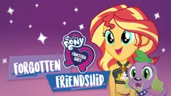 Size: 1280x720 | Tagged: safe, derpibooru import, official, spike, spike the regular dog, sunset shimmer, dog, equestria girls, equestria girls series, forgotten friendship, clothes, duo, equestria girls logo, female, image, jpeg, my little pony logo, netflix, swimsuit