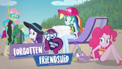 Size: 1280x720 | Tagged: safe, derpibooru import, official, fluttershy, pinkie pie, rainbow dash, rarity, spike, spike the regular dog, dog, equestria girls, equestria girls series, forgotten friendship, beach, clothes, equestria girls logo, female, forest, image, jpeg, lounge chair, my little pony logo, netflix, ocean, snorkel, swimsuit, tree, wetsuit