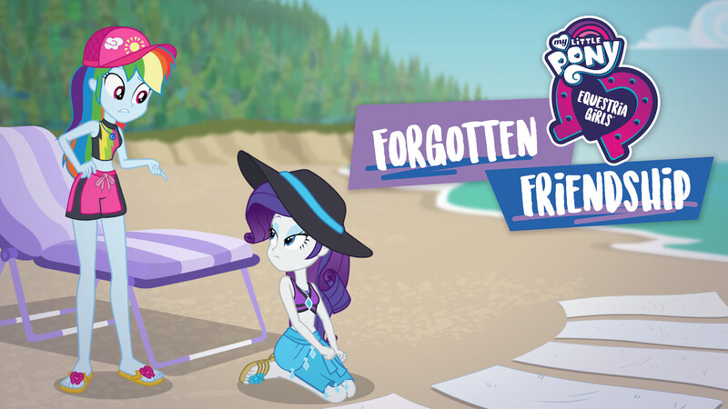 Size: 1280x720 | Tagged: safe, derpibooru import, official, rainbow dash, rarity, equestria girls, equestria girls series, forgotten friendship, beach, beach towel, clothes, duo, equestria girls logo, female, forest, image, jpeg, lounge chair, my little pony logo, netflix, ocean, skirt, swimsuit, towel, tree