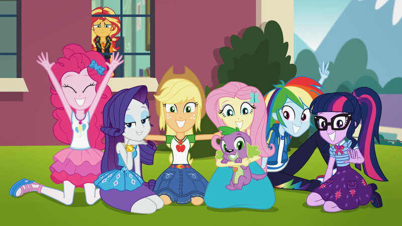 Size: 1280x720 | Tagged: safe, derpibooru import, official, screencap, applejack, fluttershy, pinkie pie, rainbow dash, rarity, sci-twi, spike, spike the regular dog, sunset shimmer, twilight sparkle, dog, equestria girls, equestria girls series, forgotten friendship, applejack's hat, canterlot high, cowboy hat, female, glasses, hat, humane five, humane seven, humane six, image, jpeg, netflix