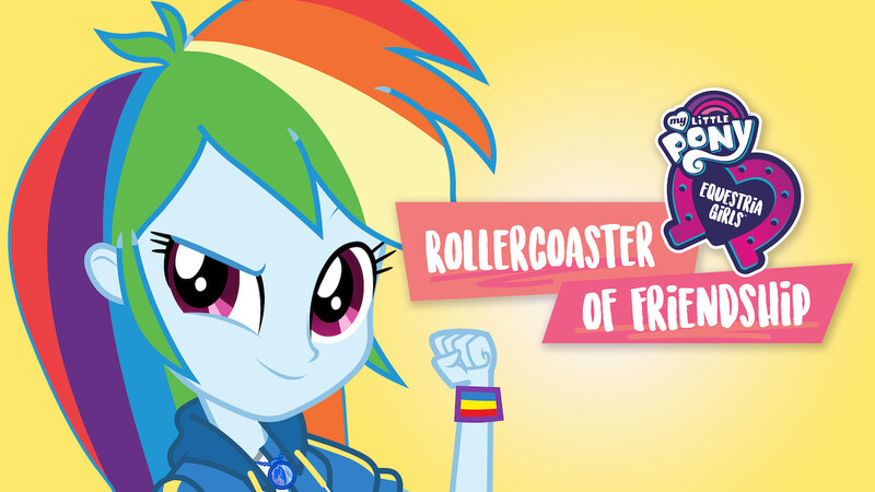 Size: 1280x720 | Tagged: safe, derpibooru import, official, rainbow dash, equestria girls, equestria girls series, rollercoaster of friendship, equestria girls logo, female, gradient background, image, jpeg, my little pony logo, netflix, simple background, solo, yellow background