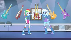 Size: 3410x1920 | Tagged: safe, derpibooru import, screencap, rainbow dash, trixie, equestria girls, guitar centered, rainbow rocks, boots, clothes, cutie mark, cutie mark on clothes, female, guitar, high res, image, jpeg, musical instrument, shoes
