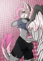 Size: 2480x3508 | Tagged: safe, artist:philfox, derpibooru import, oc, oc:cherry feather, unofficial characters only, anthro, hippogriff, abstract background, clothes, collar, cosplay, costume, female, image, leonine tail, looking at you, looking back, looking back at you, loona (helluva boss), pale belly, png, solo, spread wings, tail fluff, white belly, wings