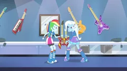 Size: 3410x1920 | Tagged: safe, derpibooru import, screencap, rainbow dash, trixie, equestria girls, guitar centered, rainbow rocks, boots, clothes, cutie mark, cutie mark on clothes, female, guitar, high res, image, jpeg, musical instrument, shoes