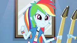 Size: 3410x1920 | Tagged: safe, derpibooru import, screencap, rainbow dash, trixie, equestria girls, guitar centered, rainbow rocks, clothes, cute, cutie mark, cutie mark on clothes, dashabetes, female, guitar, high res, image, jpeg, musical instrument, offscreen character, smiling