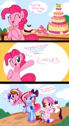 Size: 1748x3170 | Tagged: safe, artist:khimi-chan, derpibooru import, pinkie pie, oc, cat, earth pony, pegasus, pony, unicorn, bow, bust, cake, comic, female, food, hair bow, horn, image, mare, one eye closed, pegasus oc, png, smiling, two toned wings, unicorn oc, unshorn fetlocks, wings, wink