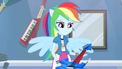 Size: 3410x1920 | Tagged: safe, derpibooru import, screencap, rainbow dash, equestria girls, guitar centered, rainbow rocks, clothes, cutie mark, cutie mark on clothes, female, guitar, high res, image, jpeg, musical instrument, ponied up, smiling, solo, spread wings, wings