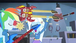 Size: 3410x1920 | Tagged: safe, derpibooru import, screencap, rainbow dash, trixie, equestria girls, guitar centered, rainbow rocks, clothes, cutie mark, cutie mark on clothes, eyes closed, female, guitar, high res, image, jpeg, musical instrument, open mouth, ponied up, smiling, spread wings, wings